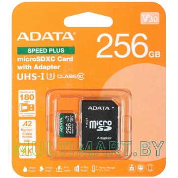 Карта памяти ADATA SPEED PLUS microSDXC 256GB с адаптером (UD256GUI3V30A2SP-RA1)